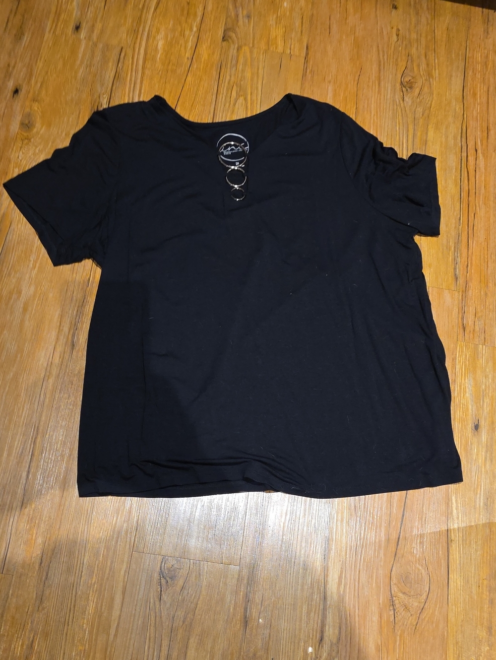 INC International Concepts Black Short Sleeve Crew Neck Top with Ring Detail